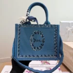 Dior Women Dioriviera Medium Dior Book Tote with Strap Blue-Greige Dior Painted Ribbon Embroidery