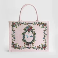 Dior Women Dioriviera Medium Dior Book Tote with Strap Pink Multicolor Dior Arabesque Embroidery