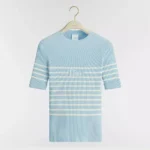 Dior Women Dioriviera Short-Sleeved Fitted Sweater Sky Blue and White D-Stripes Ribbed Cotton Knit