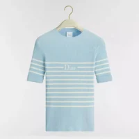Dior Women Dioriviera Short-Sleeved Fitted Sweater Sky Blue and White D-Stripes Ribbed Cotton Knit
