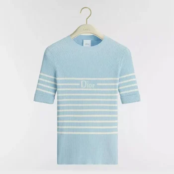 Dior Women Dioriviera Short-Sleeved Fitted Sweater Sky Blue and White D-Stripes Ribbed Cotton Knit