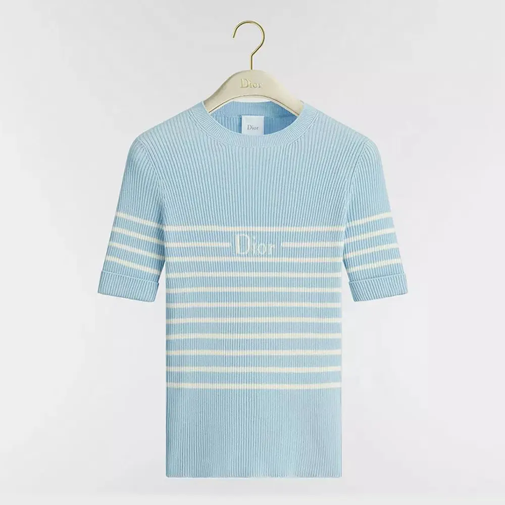 Dior Women Dioriviera Short-Sleeved Fitted Sweater Sky Blue and White D-Stripes Ribbed Cotton Knit (1) Dior Women Dioriviera Short-Sleeved Fitted Sweater Sky Blue and White D-Stripes Ribbed Cotton Knit