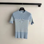 Dior Women Dioriviera Short-Sleeved Fitted Sweater Sky Blue and White D-Stripes Ribbed Cotton Knit