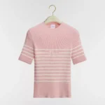 Dior Women Dioriviera Short-Sleeved Fitted Sweater White and Pink D-Stripes Ribbed Cotton Knit