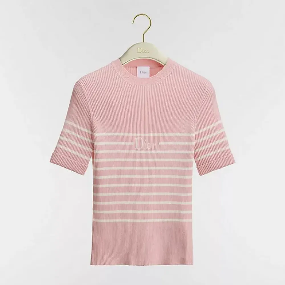Dior Women Dioriviera Short-Sleeved Fitted Sweater White and Pink D-Stripes Ribbed Cotton Knit (1) Dior Women Dioriviera Short-Sleeved Fitted Sweater White and Pink D-Stripes Ribbed Cotton Knit