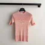 Dior Women Dioriviera Short-Sleeved Fitted Sweater White and Pink D-Stripes Ribbed Cotton Knit