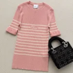 Dior Women Dioriviera Short-Sleeved Fitted Sweater White and Pink D-Stripes Ribbed Cotton Knit
