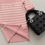 Dior Women Dioriviera Short-Sleeved Fitted Sweater White and Pink D-Stripes Ribbed Cotton Knit