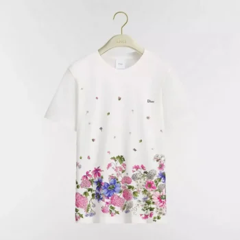 Dior Women Embroidered Fitted T-Shirt White Cotton Jersey with Multicolor Dior Hortensia Garden Motif