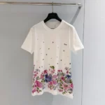 Dior Women Embroidered Fitted T-Shirt White Cotton Jersey with Multicolor Dior Hortensia Garden Motif
