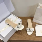 Dior Women J’Adior Heeled Slide Ivory Embroidered Cotton KDO708LEC