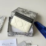 Dior Women Lady Dior Freesia Card Holder Two-Tone Latte and Black Cannage Lambskin