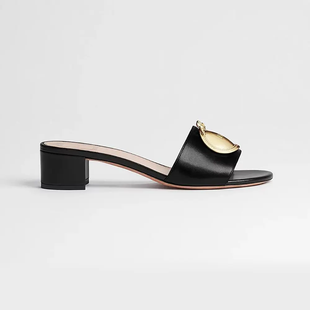 Dior Women Médaillon Buckle Heeled Slide Black Lambskin KCO695LAB (1) Dior Women Médaillon Buckle Heeled Slide Black Lambskin KCO695LAB