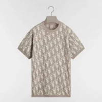 Dior Women Oblique T-Shirt Regular Fit Beige Cotton-Wool-Silk Jacquard 693M619A7040