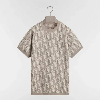 Dior Women Oblique T-Shirt Regular Fit Beige Cotton-Wool-Silk Jacquard 693M619A7040