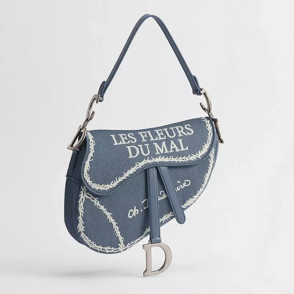Dior Women Saddle Bag with Strap Blue and White Book Cover Embroidery M0469VEHQ (1) Dior Women Saddle Bag with Strap Blue and White Book Cover Embroidery M0469VEHQ