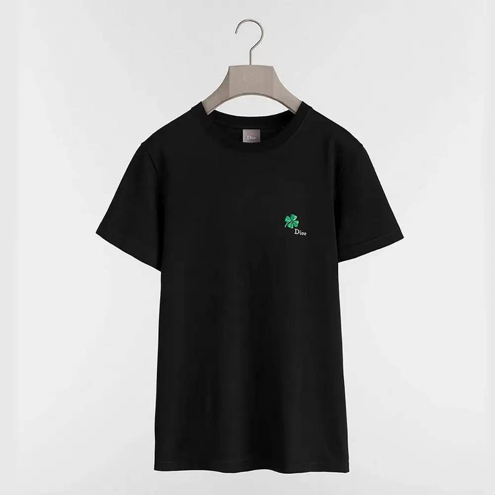 Dior Women T-Shirt with Dior Clover Embroidery, Regular Fit Black Cotton Jersey (1) Dior Women T-Shirt with Dior Clover Embroidery Regular Fit Black Cotton Jersey