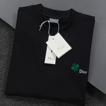 Dior Women T-Shirt with Dior Clover Embroidery Regular Fit Black Cotton Jersey