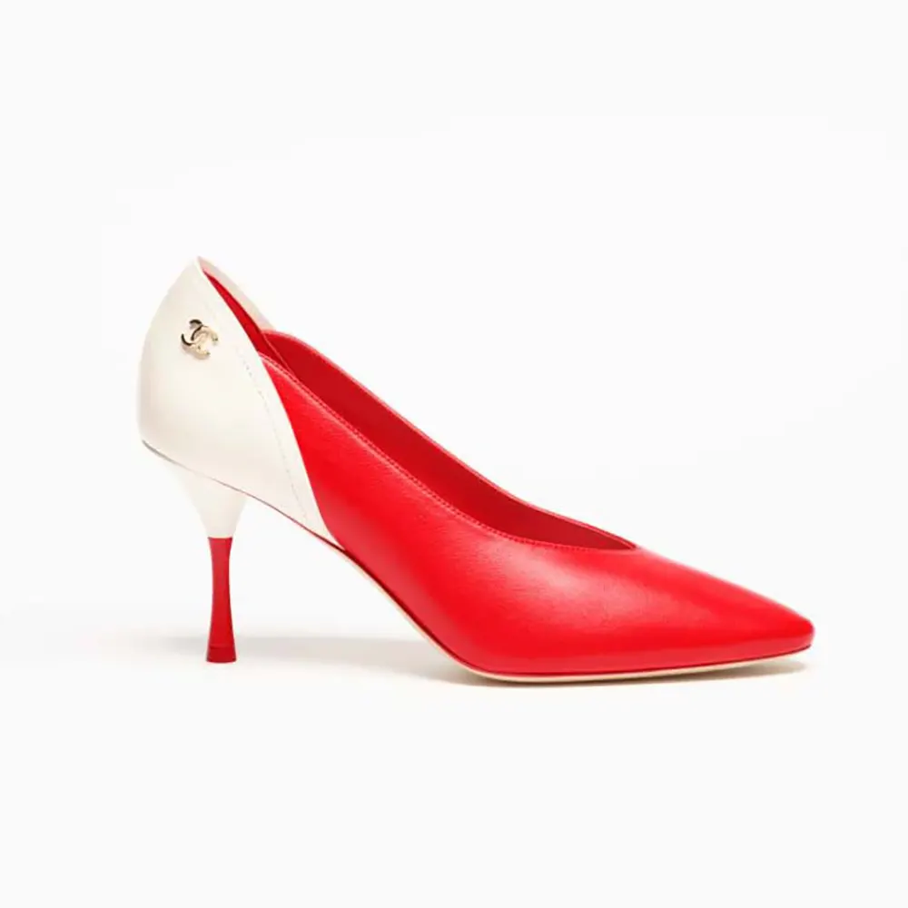 Chanel Women Pumps Lambskin & Calfskin-Red & White G47474 (1) Chanel Women Pumps Lambskin & Calfskin-Red & White G47474