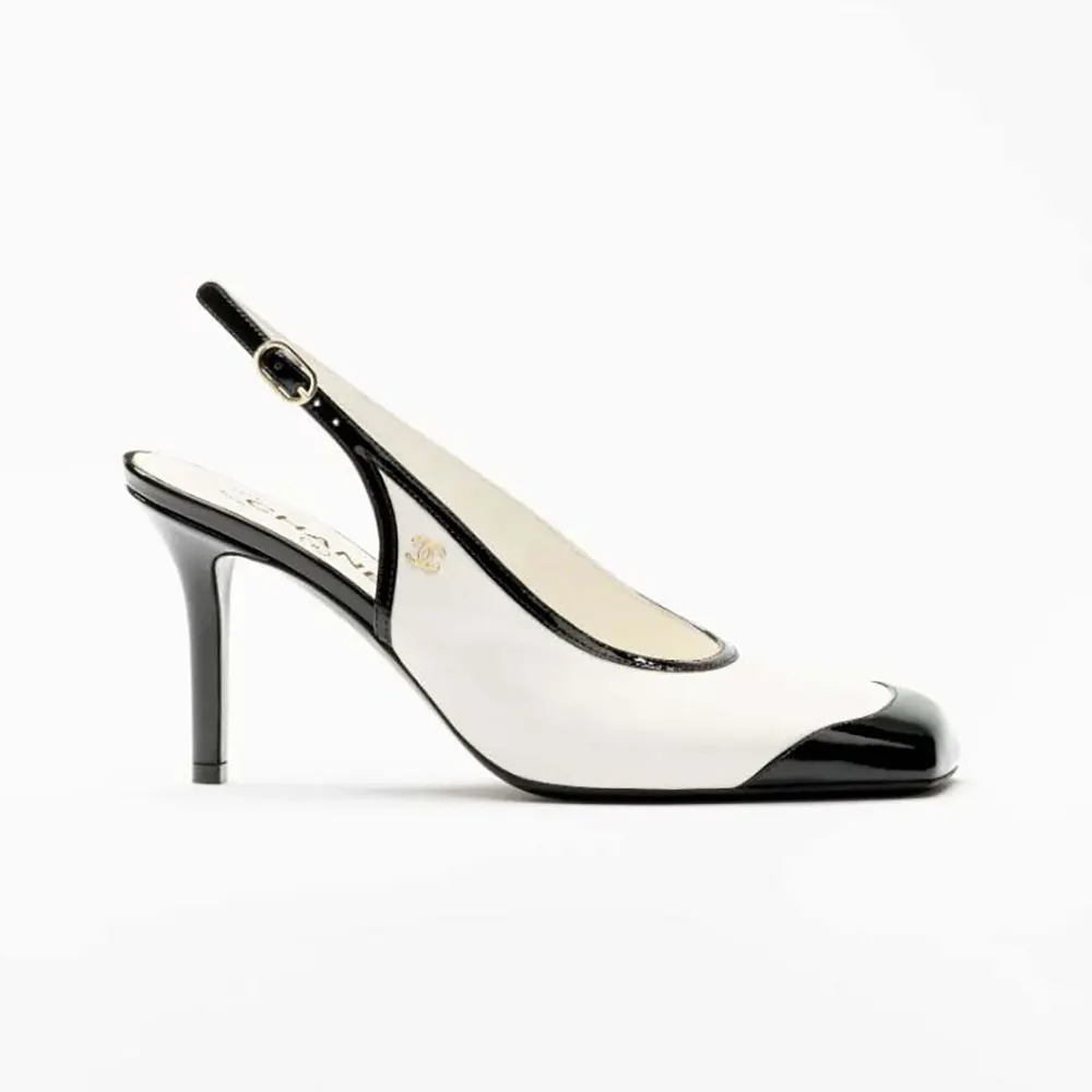 Chanel Women Slingbacks Lambskin & Patent Calfskin-White & Black G47647 (1) Chanel Women Slingbacks Lambskin & Patent Calfskin-White & Black G47647