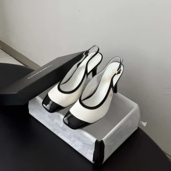 Chanel Women Slingbacks Lambskin & Patent Calfskin-White & Black G47647
