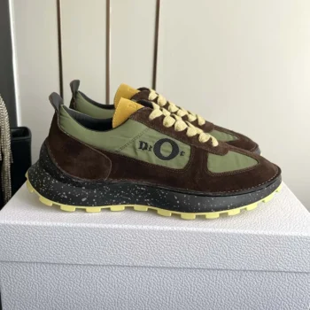 Dior Unisex Squash Sneaker Brown and Yellow Suede Calfskin with Green Technical Fabric