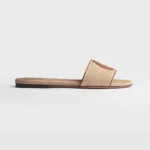 Dior Women Dioriviera Dior Médaillon Slide Natural Embroidered Cotton and Cognac Brown Calfskin