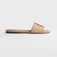 Dior Women Dioriviera Dior Médaillon Slide Natural Embroidered Cotton and Cognac Brown Calfskin