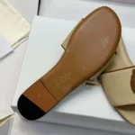 Dior Women Dioriviera Dior Médaillon Slide Natural Embroidered Cotton and Cognac Brown Calfskin