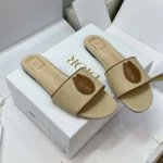 Dior Women Dioriviera Dior Médaillon Slide Natural Embroidered Cotton and Cognac Brown Calfskin
