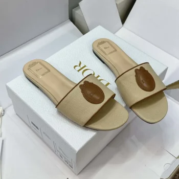 Dior Women Dioriviera Dior Médaillon Slide Natural Embroidered Cotton and Cognac Brown Calfskin