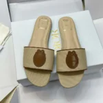 Dior Women Dioriviera Dior Médaillon Slide Natural Embroidered Cotton and Cognac Brown Calfskin
