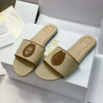 Dior Women Dioriviera Dior Médaillon Slide Natural Embroidered Cotton and Cognac Brown Calfskin