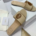 Dior Women Dioriviera Dior Médaillon Slide Natural Embroidered Cotton and Cognac Brown Calfskin