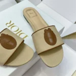 Dior Women Dioriviera Dior Médaillon Slide Natural Embroidered Cotton and Cognac Brown Calfskin