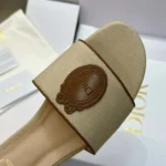 Dior Women Dioriviera Dior Médaillon Slide Natural Embroidered Cotton and Cognac Brown Calfskin
