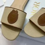 Dior Women Dioriviera Dior Médaillon Slide Natural Embroidered Cotton and Cognac Brown Calfskin