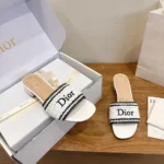 Dior Women Dioriviera Dior Woven Heeled Slide White Crocheted Raffia-Effect Technical Fabric