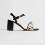 Heeled Sandal Embroidered Cotton and Black Lambskin