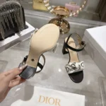 Dior Women J’Adior Heeled Sandal Embroidered Cotton and Black Lambskin