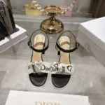 Dior Women J’Adior Heeled Sandal Embroidered Cotton and Black Lambskin