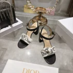 Dior Women J’Adior Heeled Sandal Embroidered Cotton and Black Lambskin