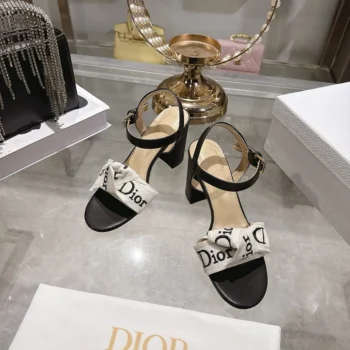 Dior Women J’Adior Heeled Sandal Embroidered Cotton and Black Lambskin