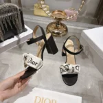 Dior Women J’Adior Heeled Sandal Embroidered Cotton and Black Lambskin