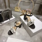 Dior Women J’Adior Heeled Sandal Embroidered Cotton and Black Lambskin