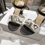 Dior Women J’Adior Heeled Sandal Embroidered Cotton and Black Lambskin