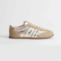 Ribbon Sneaker Beige Suede Calfskin and Gold-Tone Crinkled Laminated Lambskin