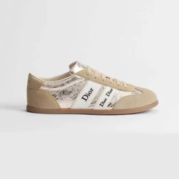 Ribbon Sneaker Beige Suede Calfskin and Gold-Tone Crinkled Laminated Lambskin