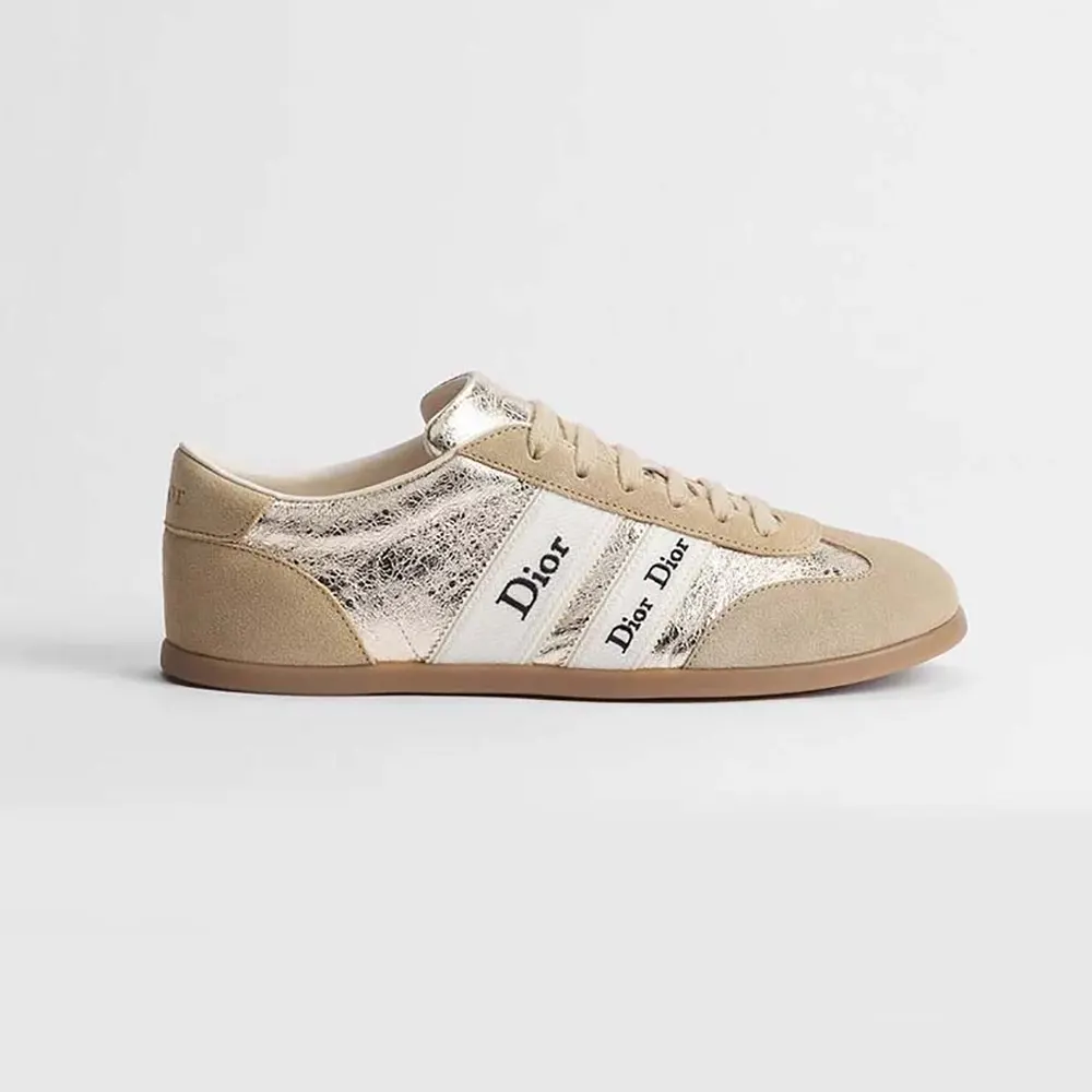 Dior Women Ribbon Sneaker Beige Suede Calfskin and Gold-Tone Crinkled Laminated Lambskin (2) Ribbon Sneaker Beige Suede Calfskin and Gold-Tone Crinkled Laminated Lambskin
