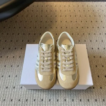 Ribbon Sneaker Beige Suede Calfskin and Gold-Tone Crinkled Laminated Lambskin
